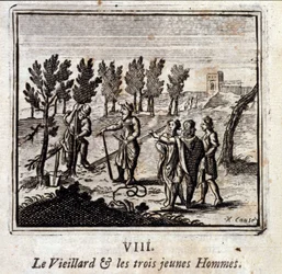 Den gamle och de tre unga männen. Fabler av Jean de La Fontaine (1621-95). Illustration av François Chauveau (1613-1676). Upplaga av 1728.