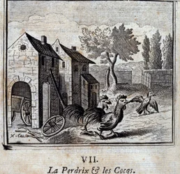 Rapphönan och tupparna. Fabler av Jean de La Fontaine (1621-95). Illustration av François Chauveau (1613-1676). Utgåva från 1728.