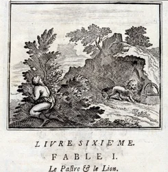 Patra och lejonet. Fabler av Jean de La Fontaine (1621-95). Illustration av François Chauveau (1613-1676). Upplaga från 1728.