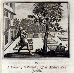 Pedantskolan och en trädgårdsmästare. Fabler av Jean de La Fontaine (1621-95). Illustration av François Chauveau (1613-1676). Upplaga av 1728.