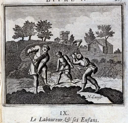 Ploureur och hans barn. Fabler av Jean de La Fontaine (1621-95). Illustration av Francois Chauveau (1613-1676). Upplaga av 1728.