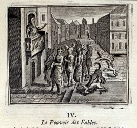 Fablernas kraft. Fabler av Jean de La Fontaine (1621-95). Illustration av Francois Chauveau (1613-1676). Upplaga av 1728.