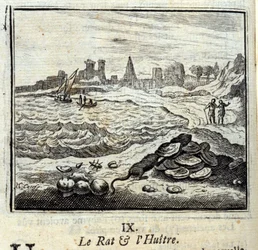 Råttan och Oyer.Fables av Jean de La Fontaine (1621-95). Illustration av Francois Chauveau (1613-1676). Upplaga av 1728.