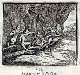 Satyren och passageraren. Fabler av Jean de La Fontaine (1621-95). Illustration av François Chauveau (1613-1676). Upplaga av 1728.