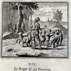Herden och hans flock. Fabler av Jean de La Fontaine (1621-95). Illustration av François Chauveau (1613-1676). Upplaga av 1728.