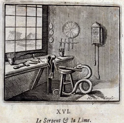 The Snake and the Lime.Fables av Jean de La Fontaine (1621-95). Illustration av Francois Chauveau (1613-1676). Upplaga av 1728.