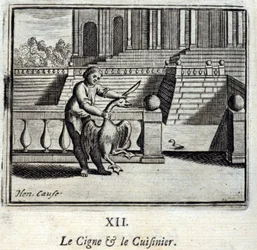 Svanen och kocken. Fabler av Jean de La Fontaine (1621-95). Illustration av Francois Chauveau (1613-1676). Upplaga av 1728.