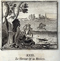 Torrent och Riviere. Fabler av Jean de La Fontaine (1621-95). Illustration av Francois Chauveau (1613-1676). Upplaga av 1728.