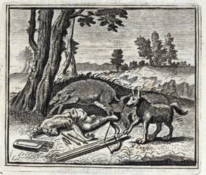 Vargen och jägaren. Fabler av Jean de La Fontaine (1621-95). Illustration av Francois Chauveau (1613-1676). Upplaga av 1728.