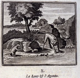 Vargen och Lammet. Fabler av Jean de La Fontaine (1621-95). Illustration av François Chauveau (1613-1676). Upplaga av 1728.