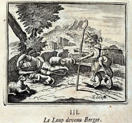 Vargen blev Berger.Fables av Jean de La Fontaine (1621-95). Illustration av François Chauveau (1613-1676). Upplaga av 1728.
