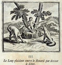 Vargen vädjar mot räven inför apan. Fabler av Jean de La Fontaine (1621-95). Illustration av François Chauveau (1613-1676). Upplaga från 1728.