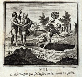Astrologen som faller ner i en brunn. Fabler av Jean de La Fontaine (1621-95). Illustration av François Chauveau (1613-1676). Upplaga av 1728.