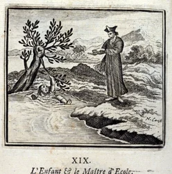Barnet och skolmästaren. Fabler av Jean de La Fontaine (1621-95). Illustration av François Chauveau (1613-1676). Upplaga från 1728.