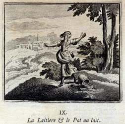 Mejeriet och mjölkburken. Fabler av Jean de La Fontaine (1621-95). Illustration av François Chauveau (1613-1676). Upplaga av 1728.
