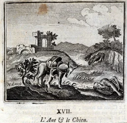 Åsnan och hunden. Fabler av Jean de La Fontaine (1621-95). Illustration av François Chauveau (1613-1676). Utgåva från 1728.