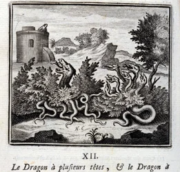Draken har flera huvuden och draken har flera svansar. Fabler av Jean de La Fontaine (1621-95). Illustration av François Chauveau (1613-1676). Utgåva från 1728.
