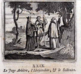 Domaren dömer Hospitaller och Solitaire. Fabler av Jean de La Fontaine (1621-95). Illustration av Francois Chauveau (1613-1676). Upplaga av 1728.
