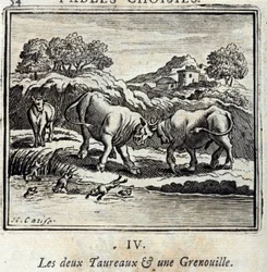 De två tjurarna och en groda. Fabler av Jean de La Fontaine (1621-95). Illustration av Francois Chauveau (1613-1676). Upplaga av 1728.