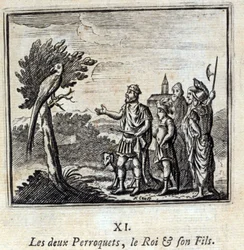 De två papegojorna kungen och hans son. Fabler av Jean de La Fontaine (1621-95). Illustration av François Chauveau (1613-1676). Upplaga av 1728.