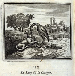 Vargen och storken. Fabler av Jean de La Fontaine (1621-95). Illustration av François Chauveau (1613-1676). Upplaga av 1728.