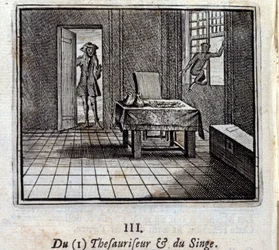 Tesauriserare och apa. Fabler av Jean de La Fontaine (1621-95). Illustration av Francois Chauveau (1613-1676). Upplaga av 1728.
