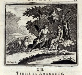 Tircis och Amaranth. Fabler av Jean de La Fontaine (1621-95). Illustration av François Chauveau (1613-1676). Upplaga av 1728.