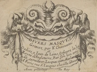 Titelskylt med två Satyrhuvuden, från Divers Masques, ca. 1635-45.