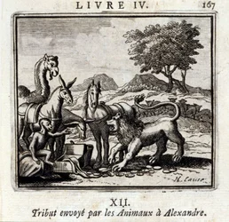 Hyllning skickad av Djuren till Alexander. Fabler av Jean de La Fontaine (1621-95). Illustration av François Chauveau (1613-1676). Upplaga av 1728.