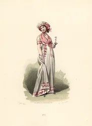 Kvinna i vit klänning, rosa fichu och corsage.