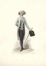 Elegant man i randig kappa, era av Marie Antoinette.
