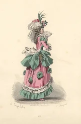 Fashionabla kvinna i klänning med rosetter, era av Marie Antoinette