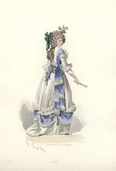 Kvinna i klänning med band krusiduller, era av Marie Antoinette.