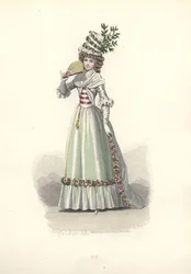 Kvinna i blomtrimmad outfit, era av Marie Antoinette.