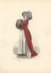 Kvinna med stor pälsmuff, era av Marie Antoinette.