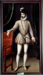 Porträtt till fots av Karl IX (1550 - 1574) kung av Frankrike. Målning av Francois Clouet (1515-1572)