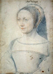 Porträtt av Anne de Pisseleu, hustru till Jean de Brush, hertiginna av Etampes (1508 - 1576). Teckning med svart sten och blod av Francois Clouet (1515-1572)