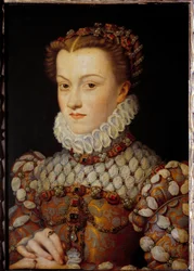 Porträtt av Elisabeth av Österrike (1554-1592) Drottning av Frankrike, hustru till Karl IX Målning av Francois Clouet (1515-1572) cirka 1571 sön. 0,36x0,26 m - Porträtt av Elisabeth av Österrike (1554-1592), Frankrikes drottning, fru till Karl IX. Målning 