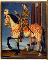 Porträtt av Francois I till häst av François Clouet (ca 1510 - 1572). Musee des Uffizi, Florens - Ridsporträtt av Frans I av Frankrike (olja på panel)