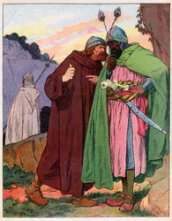 Ganelon rapporterar kejsar Karl den Stores (742-814) ord till fienden (Song de Roland) (Matter of France) - Illustration av Francois Zier (1856-1924) hämtad från "" Nos-Gloriers-Nationales"" runt 1920