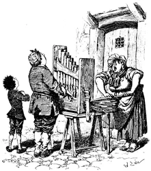 Illustration till Paul Scarrons komiska roman: Barbarian orgelspelare har gusset på gatan (gravyr)