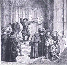 Robert Aske anbringar sin proklamation på dörren till York Minster, från Cassells History of the British People publicerad av Waverley Book Company, ca 1950-talet (litho)