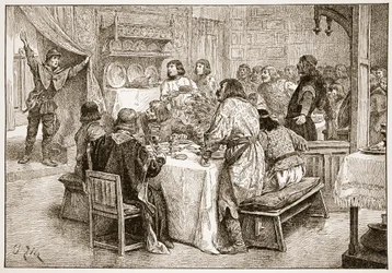 Budbäraren som förde nyheterna om Vilhelms landstigning till Harold, illustration från "The Church of England: A History for the People" av H.D.M. Spence-Jones, pub. ca 1910 (sepiafoto).