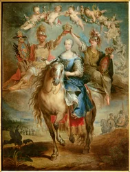 Ryttarporträtt av Marie Therese (Marie-Therese) av Österrike av Habsburg Lorraine (1717-1780), drottning av Ungern Målning av Francois Eisen (1695-1778) 1757. Nancy, musee historique lorrain - Ridsporträtt av Maria Theresa (Maria-Theresa) ) av Österrike