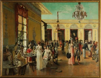 Cafe Frascati (Paris, Frankrike), en scen i Napoleons tid (sent 18-1815) - Målning av Francois Flameng (1856-1923), olja på trä