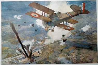 Första världskriget "" Air Fight"" Fiendens plan som faller i lågor. Akvarellmålning av Francois Flameng (1856-1923) 1918 Privat samling