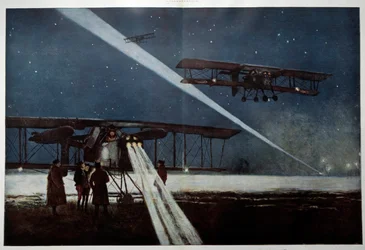 Första världskriget: "" avgår från en skvadron "" Grannar" för en nattbombning 1918"" Akvarellmålning av Francois Flameng (1856-1923) 1918 Privat samling