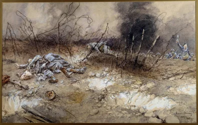 Första världskriget: scen från slaget vid La Craonne den 5/04/1917. Infanteristers kroppar ligger bland taggtråden. Akvarell av François Flameng (1856-1923). Sol. 0,3 x 0,56 m. Paris, Musée de l