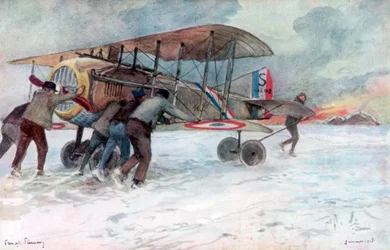 Markpersonal som tar hand om ett franskt SPAD-plan på ett snötäckt fält, 1918, 1926.