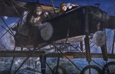 Med den franska flygtjänsten, ett nattbombande av ett Voisin-biplan